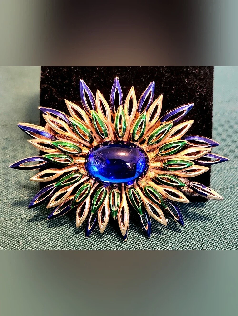 Vintage Crown Trifari Blue Cabochon and Enamel Starburst Brooch